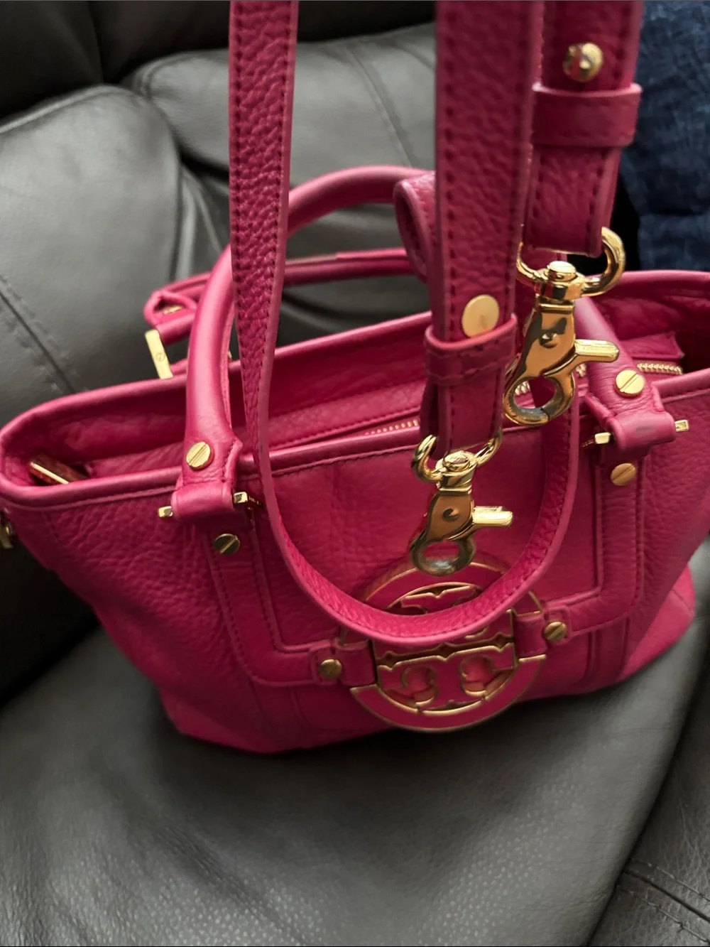 Tory Burch Fuchsia Pebble Leather Small Satchel with Gold Logo